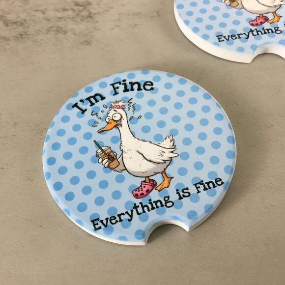 I'm Fine Everything is Fine Frazzled Goose Set of 2 Car Coasters Set, Duck Coast - Picture 3 of 6
